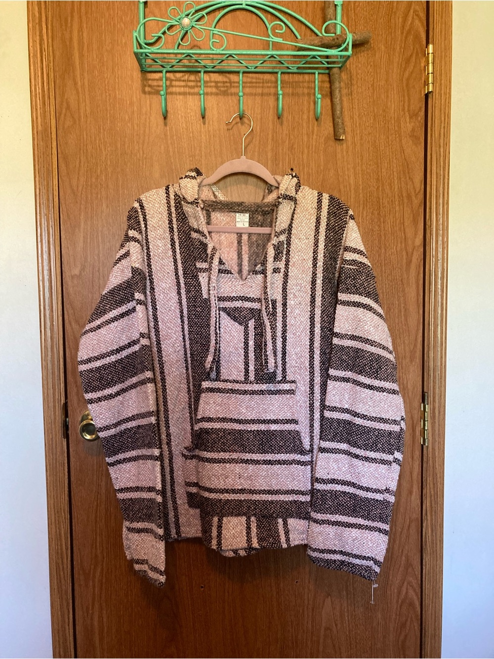 Hooded Baja Pullover Sweater - Pink & Black Stripe